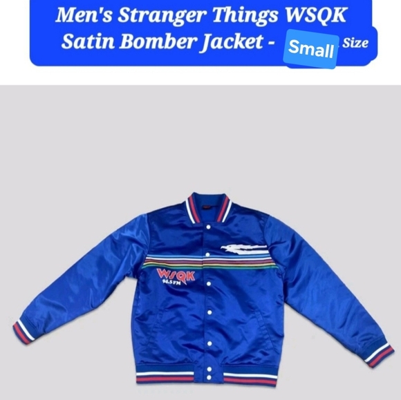 Netflix Official Stranger Things Blue The Squawk Radio Varisty Bomber Jacket - Picture 2 of 10
